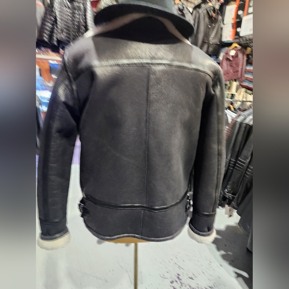 La CANADIENNE Black and White Military Field Jacket with Shearling Collar - Picture 4 of 4